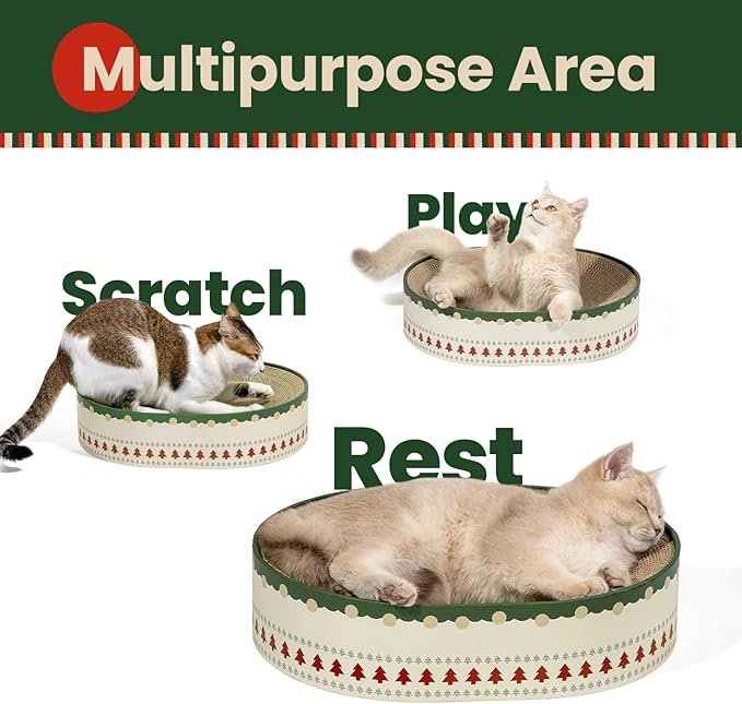 Conlun Cat Scratcher Bed, 2 in 1 Oval Cat Scratching Board for Indoor Kitty Scratch Pad Corrugated Cardboard Lounge Bowl Nest Couch Sofas for Kittens, Includes Cat Toy, Christmas