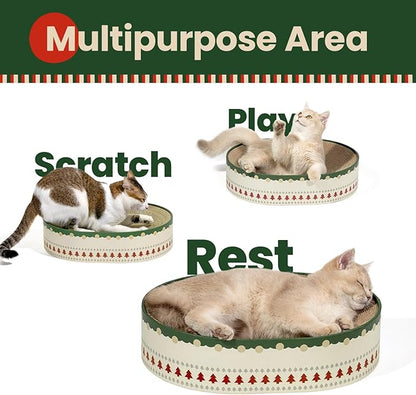 Conlun Cat Scratcher Bed, 2 in 1 Oval Cat Scratching Board for Indoor Kitty Scratch Pad Corrugated Cardboard Lounge Bowl Nest Couch Sofas for Kittens, Includes Cat Toy, Christmas