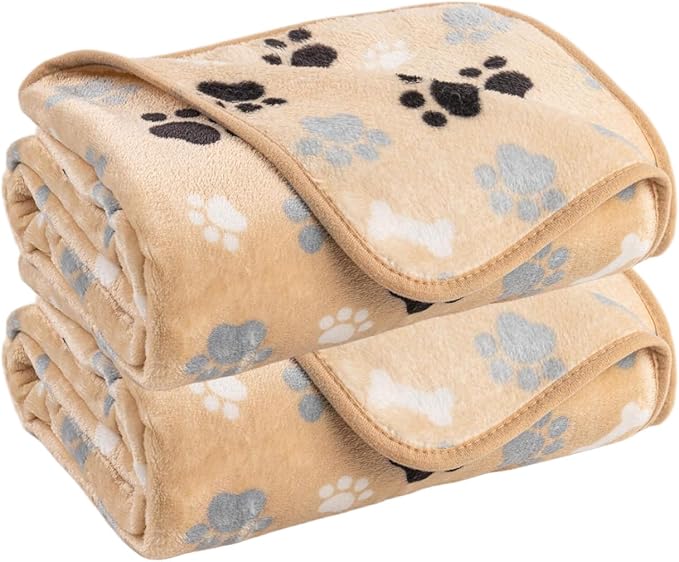 AIWEK Dog Blanket Paw Bone Pattern 1 Pack 2 Super Soft Warm Flannel Sofa Cover Car Bed Protector, Urine Proof Washable Outdoor Pet Blanket for Puppy Large Dogs & Cats,40"*30" Beige