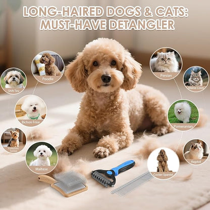 Large Slicker Brush for Dogs – 3pc Grooming Kit with Undercoat Rake & Comb, Deshedding Pin Brush for Mats & Shedding on Long-Haired & Double-Coated Dogs, Cats, Poodles & Goldendoodle, Oak