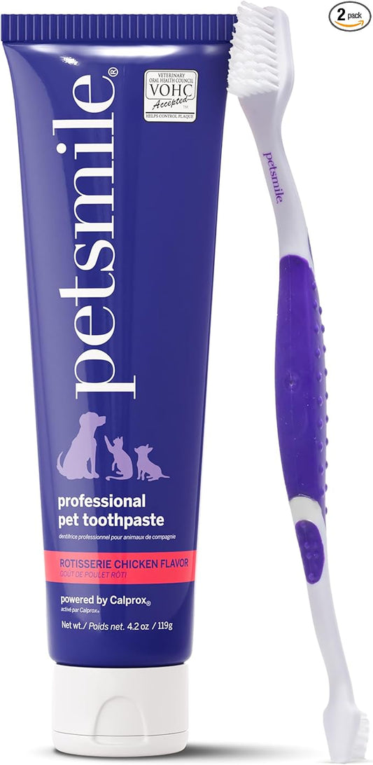 Petsmile Professional Pet Teeth Brushing Kit for Cats & Dogs - Only VOHC Accepted Toothpaste & Patented Toothbrush - Proven to Control Plaque & Tartar Calprox Formula (Rotisserie Chicken, 4.2 Oz)
