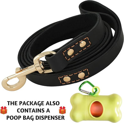 Leather Dog Leash 6 ft x 3/4 inch - Soft, Strong, Heavy Duty for Large & Medium Breeds - Dog Lead for Training (Black - Gold Colored Clasp, L - 6 ft x 3/4 inch)
