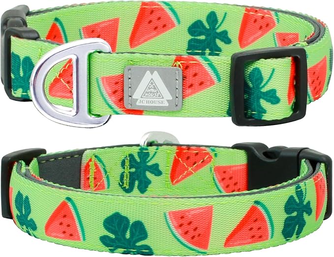 Heavy Duty Dog Collar, Durable Summer Watermelon Print Adjustable Collar with Aluminum D-Ring, Reflective Logo & Soft Padding Fits for Large Breed Dogs, Neck Size 16’’-25’’ (Watermelon, L)