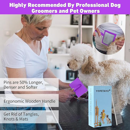 Dog Slicker Brush & Stainless Steel Comb Set for Shedding & Grooming Medium & Large Long or Thick Coated Dogs, Doodles & Cats, 1 Inch Pin Slicker Brush with Ergonomic Wooden Handle, Purple