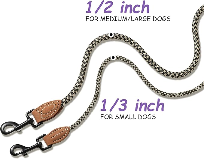 Mile High Life Small Dog Leash, Thin Rope Leash with Genuine Leather Connection and Heavy Duty Metal Clasp, Great for Small Medium Dogs(Black Khaki,72 Inch-1/3)