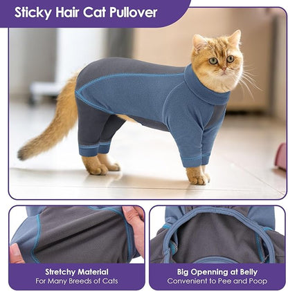 SUNFURA Hair Sticky Cat Clothes, Cat Sweater for Cats Only, 4-Legged Fleece Sweaters Kitten Pajamas Reduce Shedding Fur, Warm Pullover Shirts for Cats, Blue S