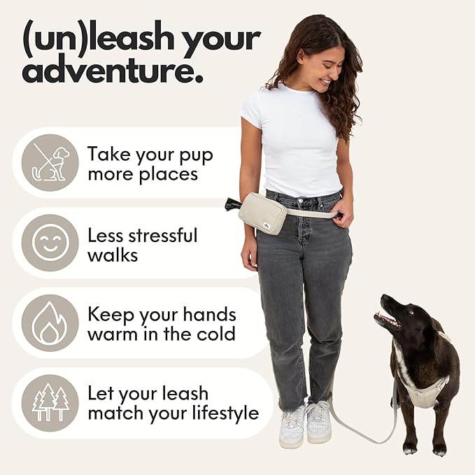 elby - Hands Free Dog Leash with Treat Pouch - Dog Walking Accessories - Dog Training Leash with Fanny Pack - Dog Accessories and Walking Essentials - Medium and Large Dogs (Beige, Long)