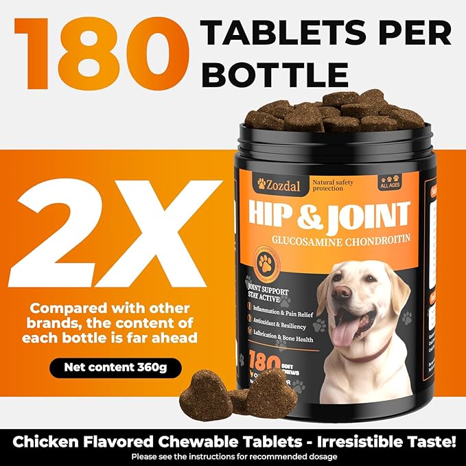 Joint Supplement for Dogs, 180 Chicken Flavor Chews, Glucosamine Chondroitin with MSM, Turmeric & Green Lipped Mussel, for Large Breed & Senior Dogs, Hip & Joint Pain Relief and Health Support