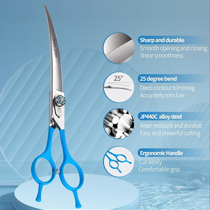 Professional Pet Grooming Curved Scissors, JP440C Alloy Steel, Blue Ergonomic Handle, Sharp and Durable for Dog Grooming (7.5")