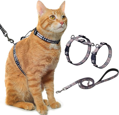 Hikiko Cat Harness and Leash Set Escape Proof Adjustable Walking Travel Soft Kitten Harness for Small Medium Large Cats (Khaki Plaid, M)
