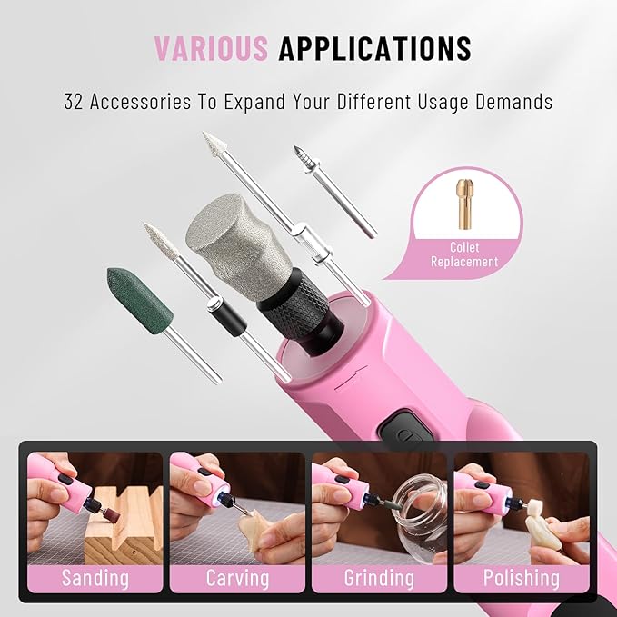 Katerk Pet Dog Nail Grinder - 5 Speed Quiet Electric Dog Nail Trimmer with 360°LED Light, 2500mAh Rechargeable, 32PCS Cordless Rotary Tool for Small Medium Large Dogs & DIY Sanding, Carving (Pink)