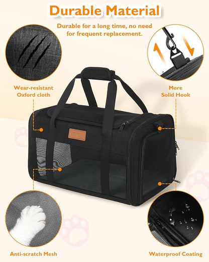 PETUX Airline Approved Pet Carrier - 17x11x9.5 in, Underseat, Top & Side Entry, Soft Sided Cat Dog Carrier for Small Cat & Dog Up to 12 lbs with Breathable Anti-Scratch Mesh for Travel & Vet - Black