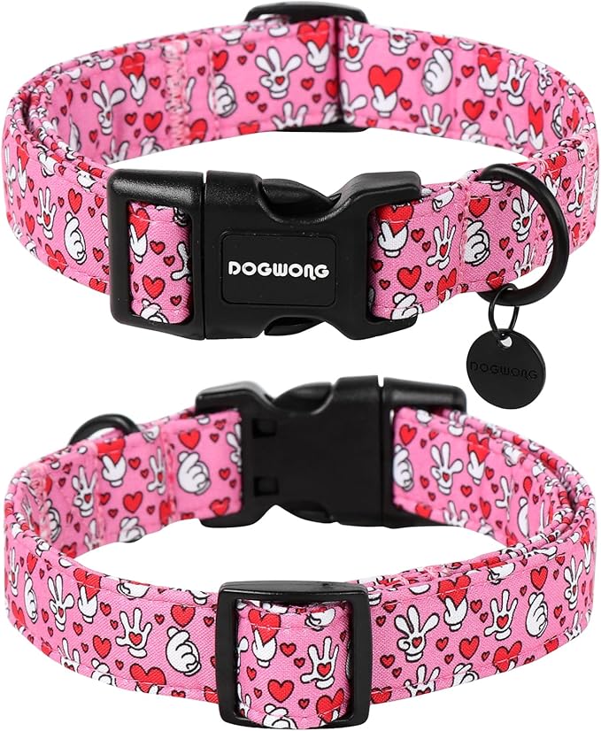 DOGWONG Pink Heart Dog Collar Adjustable Soft Natural Fabric Girl Pet Dog Collar Cute Heart Valentine Puppy Necklace for Small Medium Large Dog