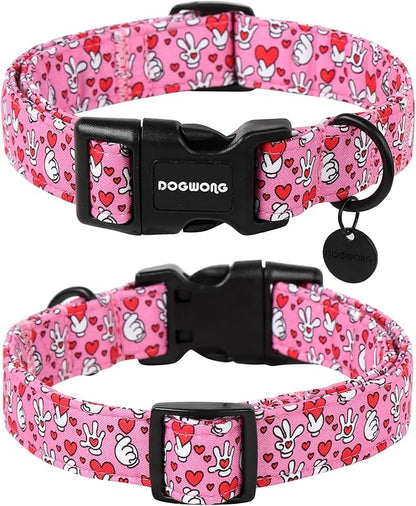 DOGWONG Pink Heart Dog Collar Adjustable Soft Natural Fabric Girl Pet Dog Collar Cute Heart Valentine Puppy Necklace for Small Medium Large Dog
