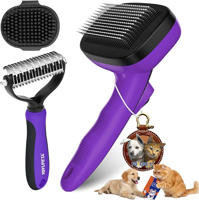 Dog Brush Kit - Self-Cleaning Slicker Brush with Bath Brush & Undercoat Rake | Deshedding Tools for Large - Small Dogs & Cats, Professional 3-in-1 Pet Grooming Set for Heavy Shedding, Purple