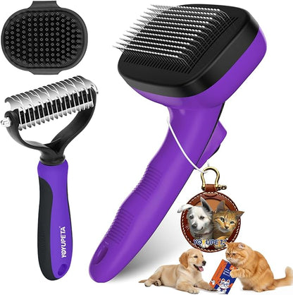 Dog Brush Kit - Self-Cleaning Slicker Brush with Bath Brush & Undercoat Rake | Deshedding Tools for Large - Small Dogs & Cats, Professional 3-in-1 Pet Grooming Set for Heavy Shedding, Purple