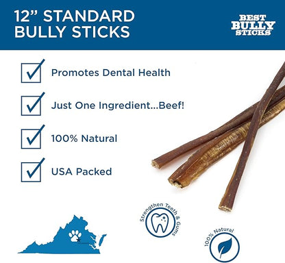 Best Bully Sticks 12 Inch Bully Sticks for Dogs - 12 Count (Pack of 1) - Natural, Easily Digestible, Grass-Fed Beef, Grain and Rawhide Free