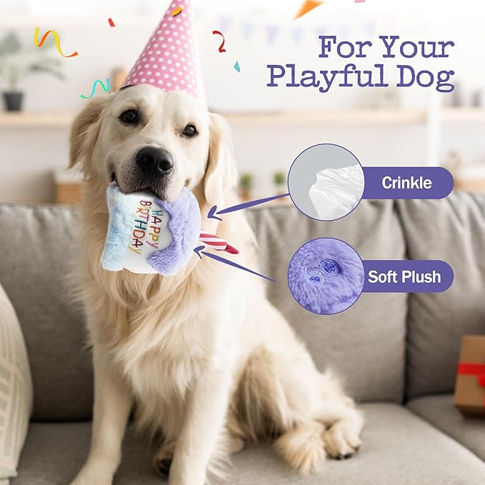 Fuzzwoof Dog Happy Birthday Cake Toy with Crinkle, Stuffed Plush Puppy Present for Birthday Party, Dog Toy for Small Medium