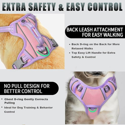BARKBAY No Pull Dog Harness Large Reflective Dog Harness with Front Clip and Easy Control Handle for Walking Training Running with ID tag Pocket(Baby Pink & Violet Purple,S)