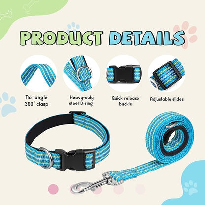 Reflective Dog Collar and Leash Set, Nylon Dog Leash with Heavy-Duty Steel D-Ring, Adjustable with Quick Release Buckle for Large Dogs,Cyan L