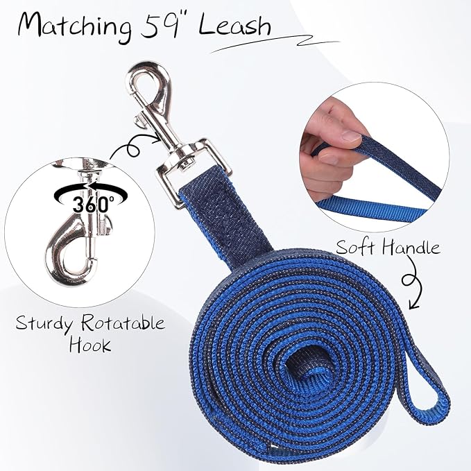 BINGPET Denim Step-in Dog Harness,No Pull Escape-Proof Dog Harness and Leash Set,Adjustable Quick Fit Dog Halter Vests for Small Medium Size Dogs Back Clip Anti-Twist for Easy Walking Training Running
