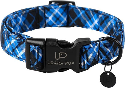 UP URARA PUP Autumn Cotton Dog Collar, Blue Plaid with Plastic Buckle, Adorable Pet Collar for Puppy, Cat or Dog