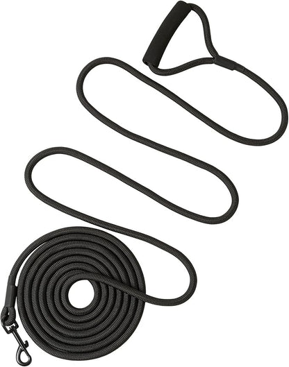 Mile High Life Long Dog Leash, with Comfortable Padded Handle, Black Nylon Rope Leash with Steel Tips, Heavy Duty 15 Feet Pet Leashes (Black,15 Feet)