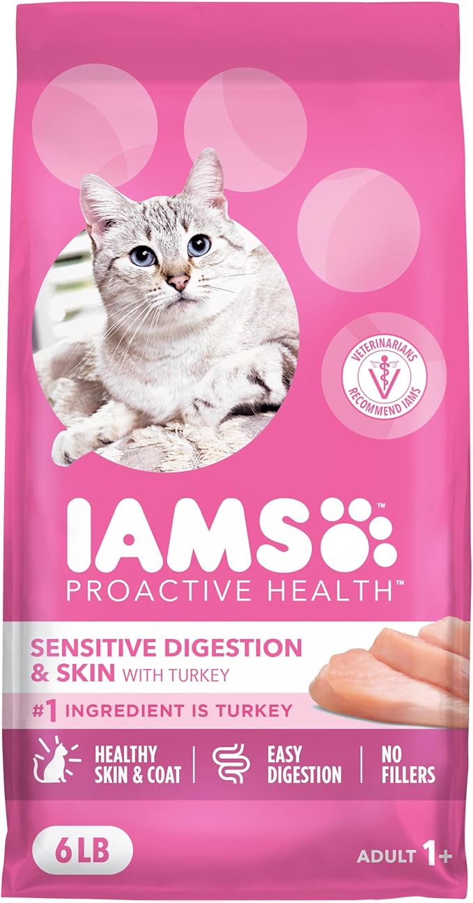 IAMS Proactive Health Adult Sensitive Digestion & Skin Dry Cat Food with Turkey, 6 lb. Bag