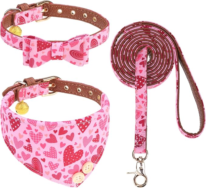 KOOLTAIL Valentine’s Day Dog Collar and Leash Set with Bowtie and Bells,Cute Puppy Bandana Collar and Leash for Girl with Pink Heart Pattern,Soft Leather Tangle Free Leashes for Small Dogs,Cats