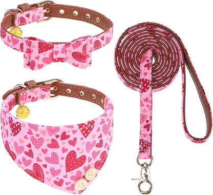 KOOLTAIL Valentine’s Day Dog Collar and Leash Set with Bowtie and Bells,Cute Puppy Bandana Collar and Leash for Girl with Pink Heart Pattern,Soft Leather Tangle Free Leashes for Small Dogs,Cats