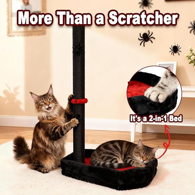 VIEFIN Gothic Cat Scratching Post with Bed, 34" Tall Cat Scratcher for Indoor Cats - Modern Sisal Scratch Post with Spider Dangling Toys for Kittens and Adult Cats