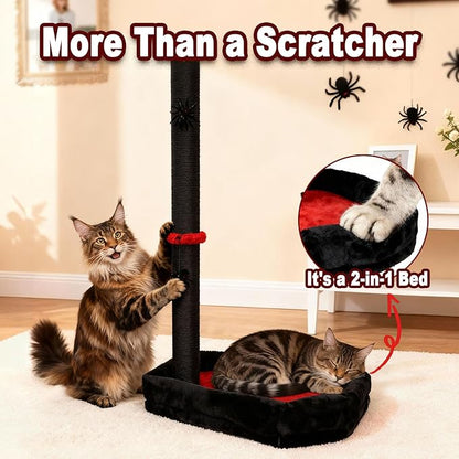 VIEFIN Gothic Cat Scratching Post with Bed, 34" Tall Cat Scratcher for Indoor Cats - Modern Sisal Scratch Post with Spider Dangling Toys for Kittens and Adult Cats