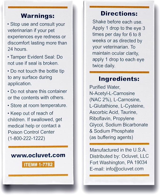 OcluVet Eye Drops for Pets | Clinically Studied Antioxidants for Pets with Cataracts | Made in The USA | Includes 2% N-Acetyl-L-Carnosine (NAC) | 16mL