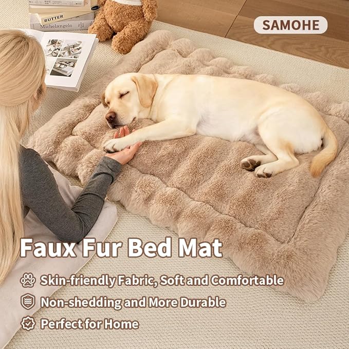 SOMAHE Self-Warming Dog Bed, Plush Faux Fur Mat with Anti-Slip Bottom, Ultra Soft Heated Pet Bed for Medium Large Dogs, Cozy Fluffy Pad for Carriers Couch Crate, Machine Washable, 35 x 27 Inch Coffee