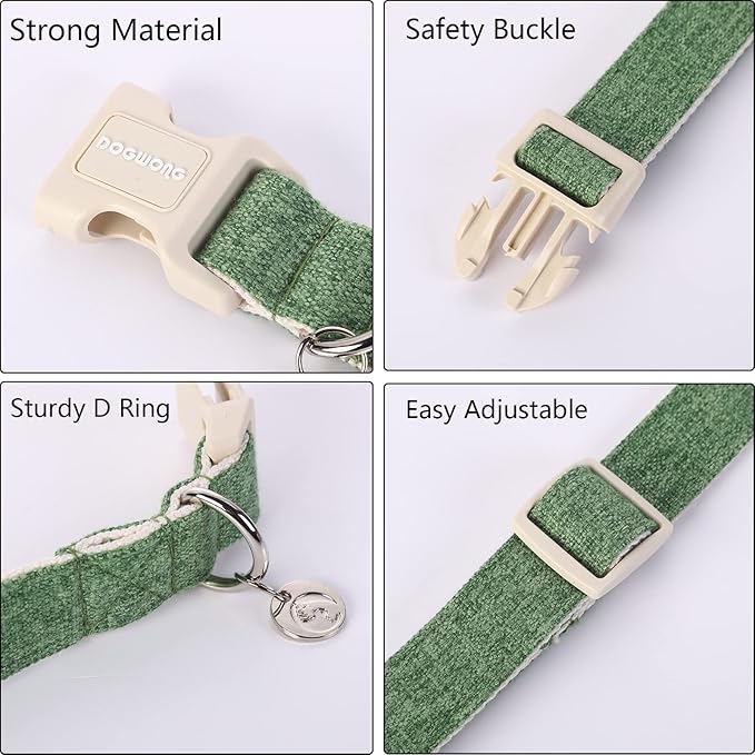 DOGWONG Cotton Hemp Dog Collar, Heavy-Duty Green Dog Collar Adjustable Soft Natural Fabric Pet Dog Collar Cute Wedding Puppy Necklace for Small Medium Large Dogs