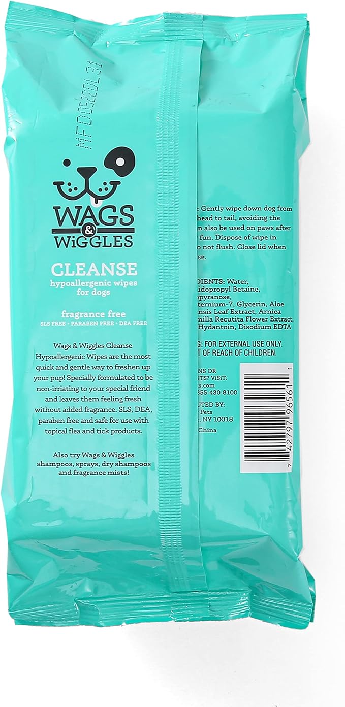 Wags & Wiggles Cleanse Hypoallergenic Wipes - Fragrance Free Dog Wipes - Waterless Bathing to Keep Pets with Sensitive Skin Clean, 100 Count - 12 Pack