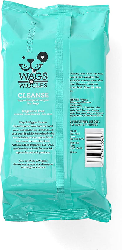Wags & Wiggles Cleanse Hypoallergenic Wipes - Fragrance Free Dog Wipes - Waterless Bathing to Keep Pets with Sensitive Skin Clean, 100 Count - 12 Pack