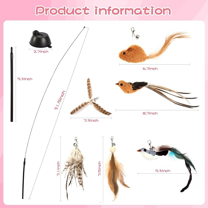 Maiguangta Interactive Bird Simulation Cat Toy Set,Cat Wand Toys,Wand Self-Holding Suction Cups Base,Include Detachable 6 Pcs Replacements Feathers Toys