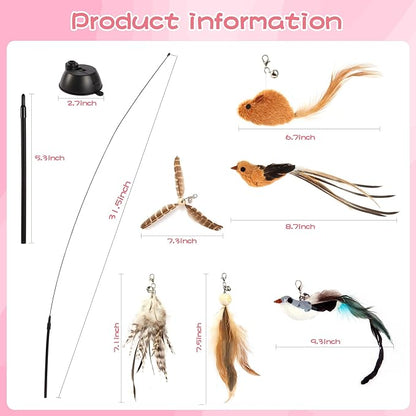 Maiguangta Interactive Bird Simulation Cat Toy Set,Cat Wand Toys,Wand Self-Holding Suction Cups Base,Include Detachable 6 Pcs Replacements Feathers Toys