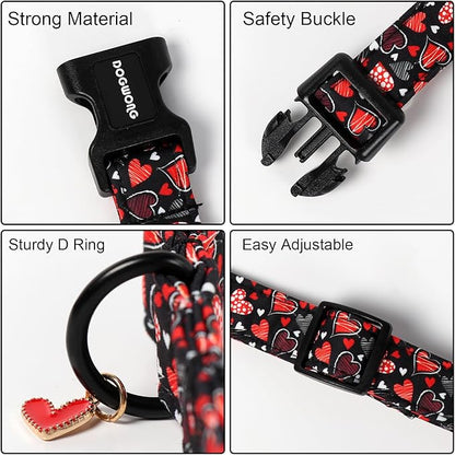 DOGWONG Valentine's Day Dog Collar, Red Heart Dog Collars Female or Male Adjustable Cotton Pet Collar with Quick Release Buckle for Small Medium Large Dogs,XS