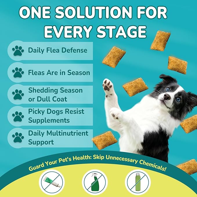 Woyamay 4-IN-1 Flea and Tick Prevention for Dogs, 500 Crunchy Dog Flea Chews, Dog Flea Treatment, Natural Oral Flea Treatment for Dogs, Daily Support for Flea, Skin & Coat, Gut, Immune, Chicken Flavor