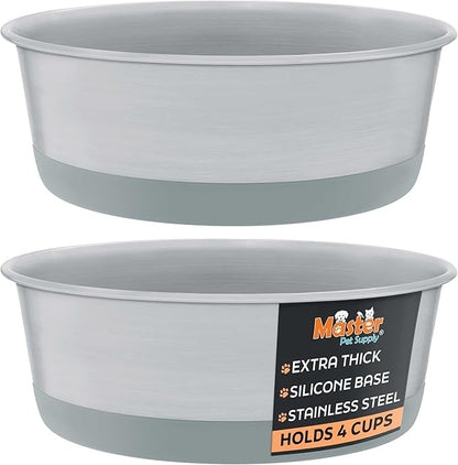Master Pet Supply Stainless Steel Dog Bowls Set of 2 with Extra Thick Silicone Base - 4 Cup (32 oz) Graphite, Non-Slip, Dishwasher Safe Metal Bowls, Pet Dog Food Bowl for Dogs, Cats, Anti Rust