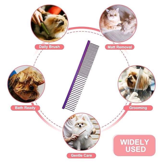 PETAXCELL Dog Cat Comb, Pet Combs Stainless Steel Teeth with Rounded Ends for Knots Mats Loose Hair Removal, 6.5IN (Purple Plated, 3 Pack), Grooming Tool Intended for Long Curly Hair Pet