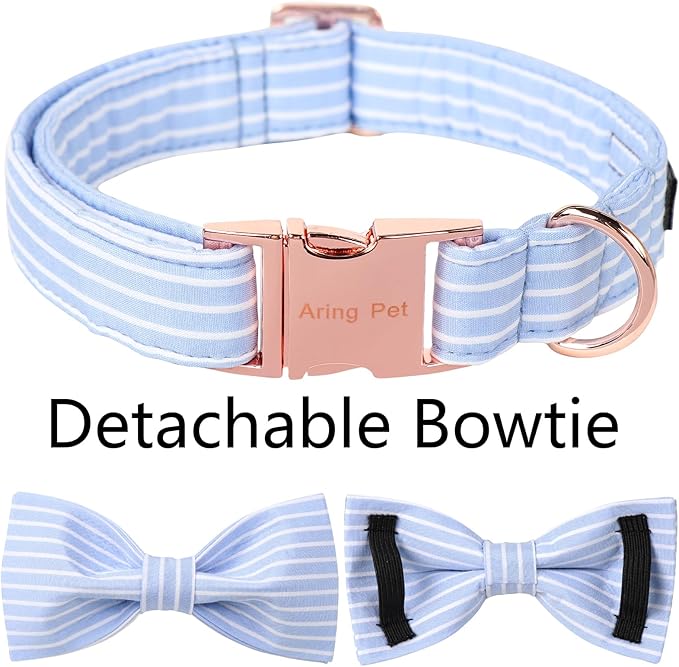 ARING PET Dog Collars with Bow, Blue Stripe Adjustable Bowtie Pet Collar with Metal Buckle for Small Medium Large Boy Girl Dogs-S