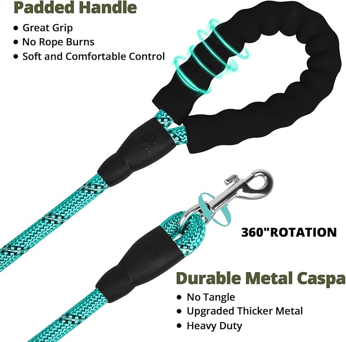 jenico Long Dog Leash 15FT: Heavy Duty Rope Leashes for Dogs Training with Swivel Lockable Hook Reflective Threads Bungee and Padded Handle - Dog Lead for Large Small Medium Dogs Outside Walking
