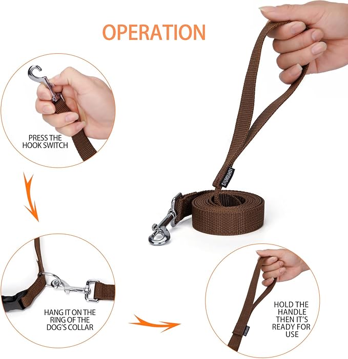 Siumouhoi Strong Durable Nylon Dog Training Leash, 1 Inch Wide Traction Rope, 6 ft 10ft 15ft Long, for Small and Medium Dog (Brown, 6 Feet)