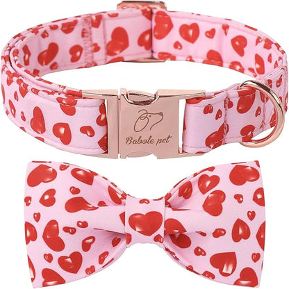 Valentines Dog Collar with Bow Tie, Cotton Pink Bowtie Dog Collar, Cute Red Heart Pet Collar with Metal Buckle Adjustable for Boys&Girls Dogs, Small
