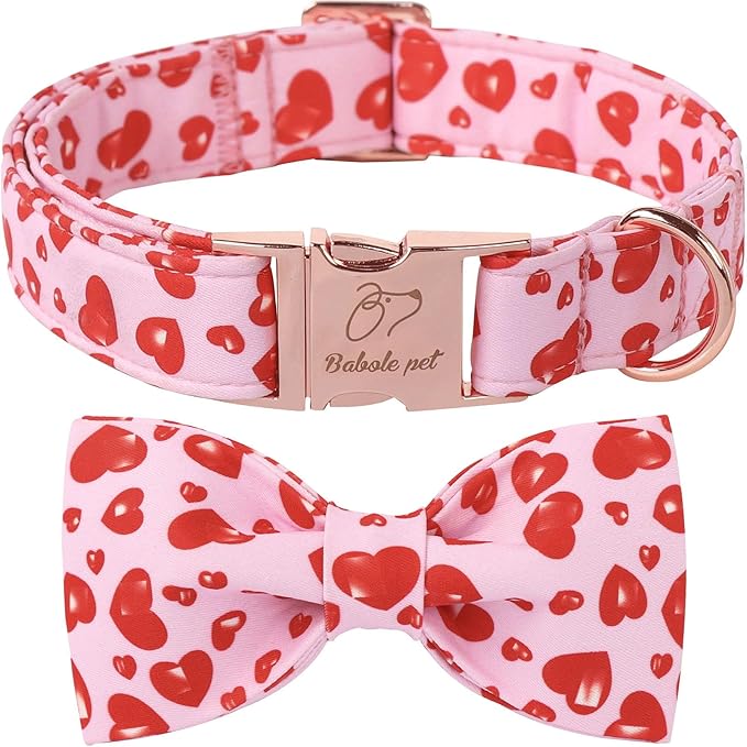 Valentines Dog Collar with Bow Tie, Cotton Pink Bowtie Dog Collar, Cute Red Heart Pet Collar with Metal Buckle Adjustable for Boys&Girls Dogs, Medium