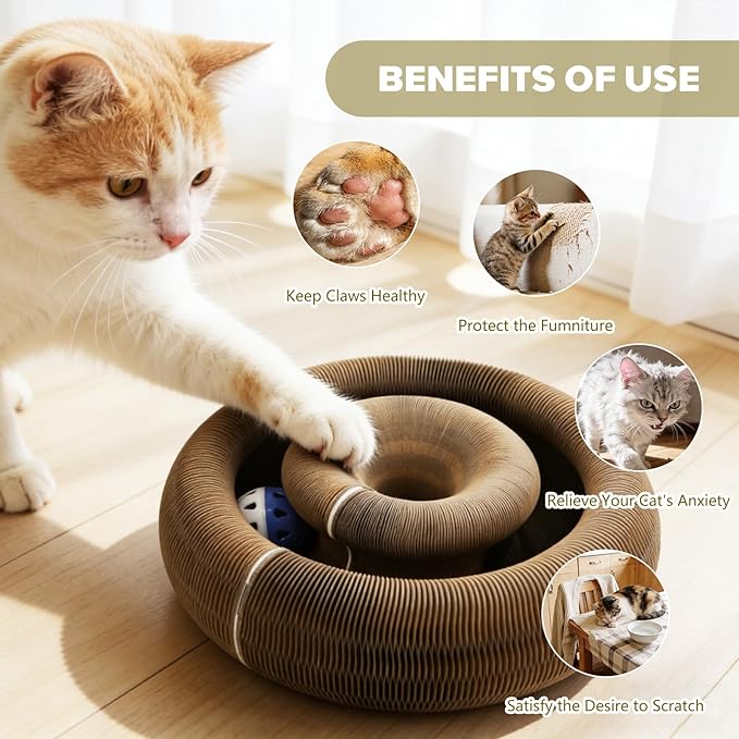 Magic Organ Cat Scratcher Toy, Foldable & Reversible Accordion Kitty Toy with Bell Ball, Interactive Cardboard Scratching Board Scratcher Pad for Indoor Cats (1 Pack)