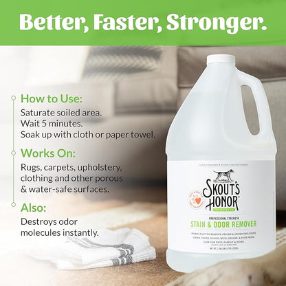 SKOUT'S HONOR Pet Stain and Odor Remover - Powerful Cleaner for Dog Urine, sweat, and other messes, Destroys and Removes Odor and Stain Molecules, Eco-Friendly Formula for Carpets and Home, 128oz